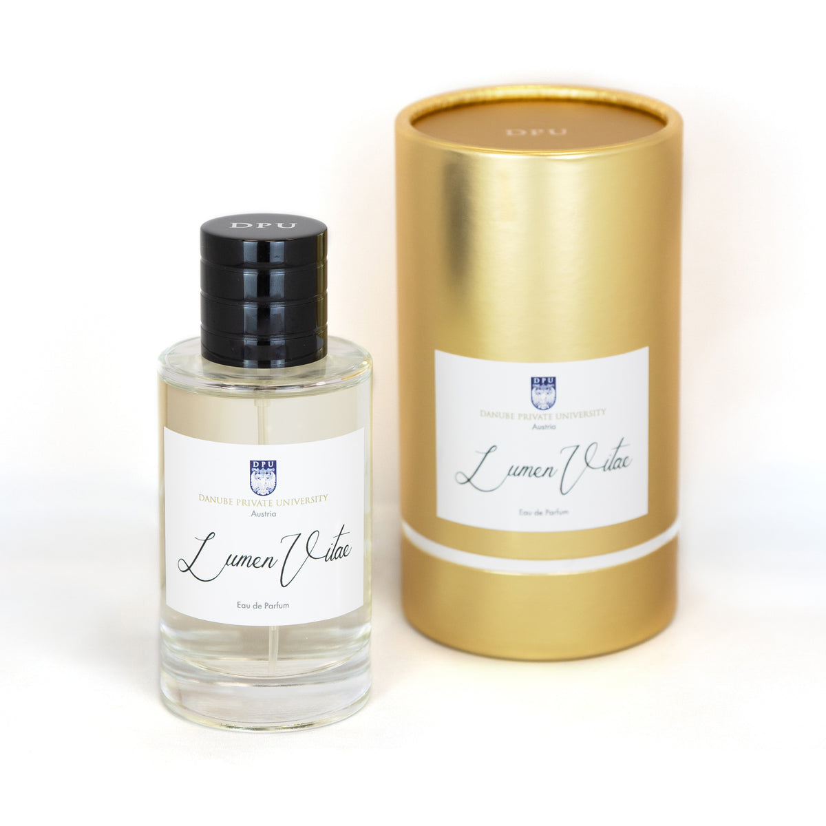 DPU Damen-Eau de Parfum „Lumen Vitae“ im eleganten Flakon, 100 ml, präsentiert in einem hochwertigen goldenen Etui.