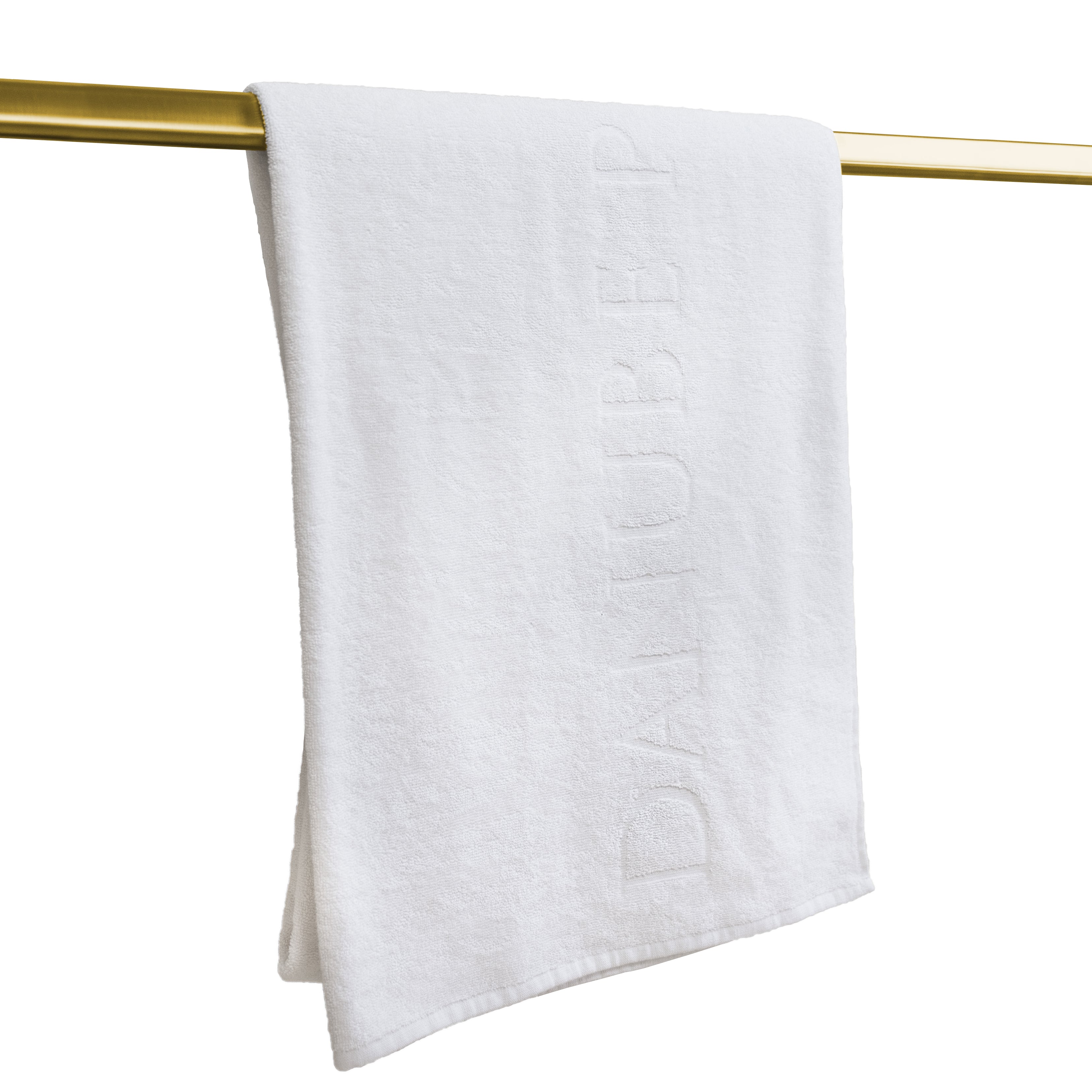 Weißes DPU Badetuch aus 100 % Baumwolle mit geprägtem  DPU-Schriftzug, hochwertige Frottee-Qualität mit 450 g/m².
