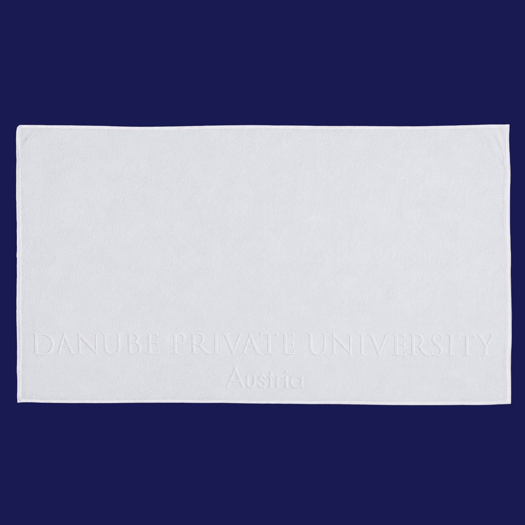 Weißes DPU Badetuch aus 100 % Baumwolle mit geprägtem  DPU-Schriftzug, hochwertige Frottee-Qualität mit 450 g/m².