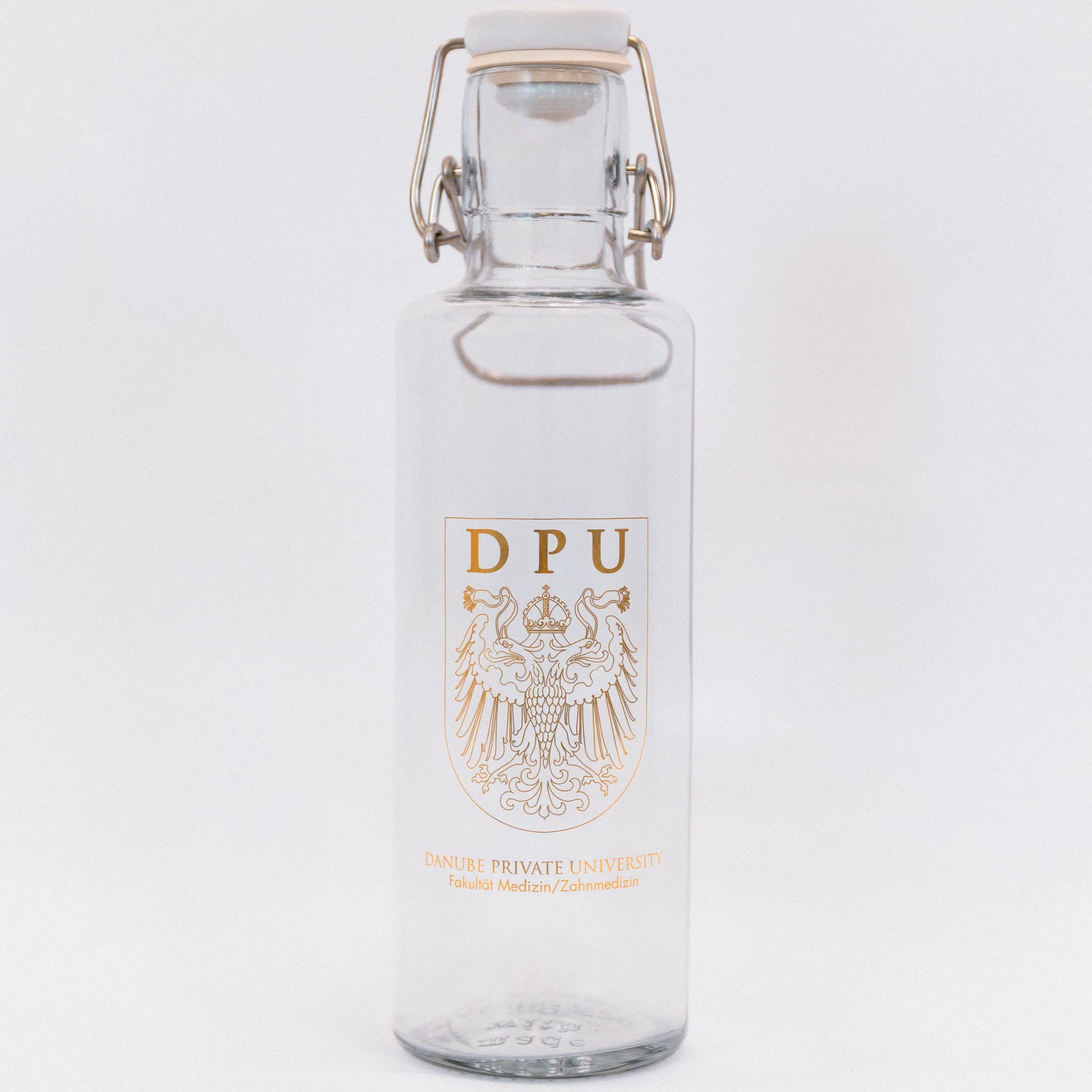 Soul Bottle aus Glas mit goldenem DPU-Wappen, 0,6 l Fassungsvermögen, spülmaschinenfest, schadstoff- und plastikfrei.